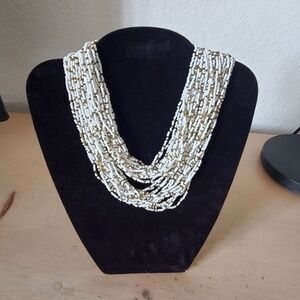 Vintage Made in Italy white Bronze Gold Glass Beaded Waterfall Necklace